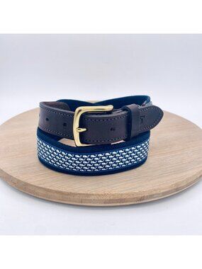 Vineyard Vines Belt Womens 32 Brown Full Grain Leather Nylon Brass Buckle Golf